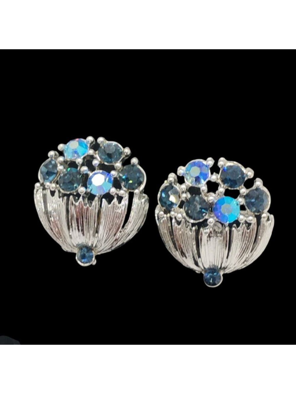 Vintage Lisner Blue Rhinestone Silver Tone Basket Shaped Screw Back Earrings